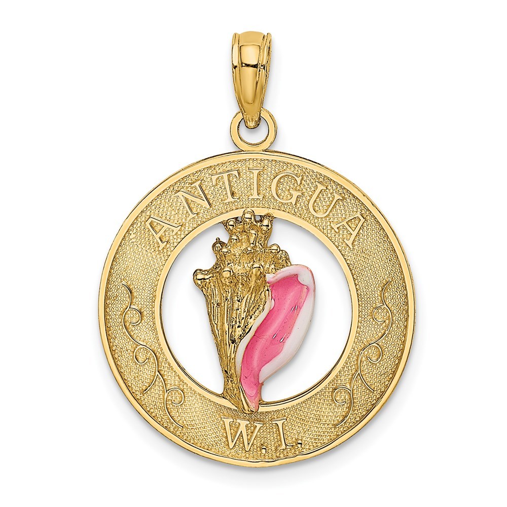 14k Yellow Gold Travel ANTIGUA, WI Circle Pink Enamel Conch Shell Charm Pendant